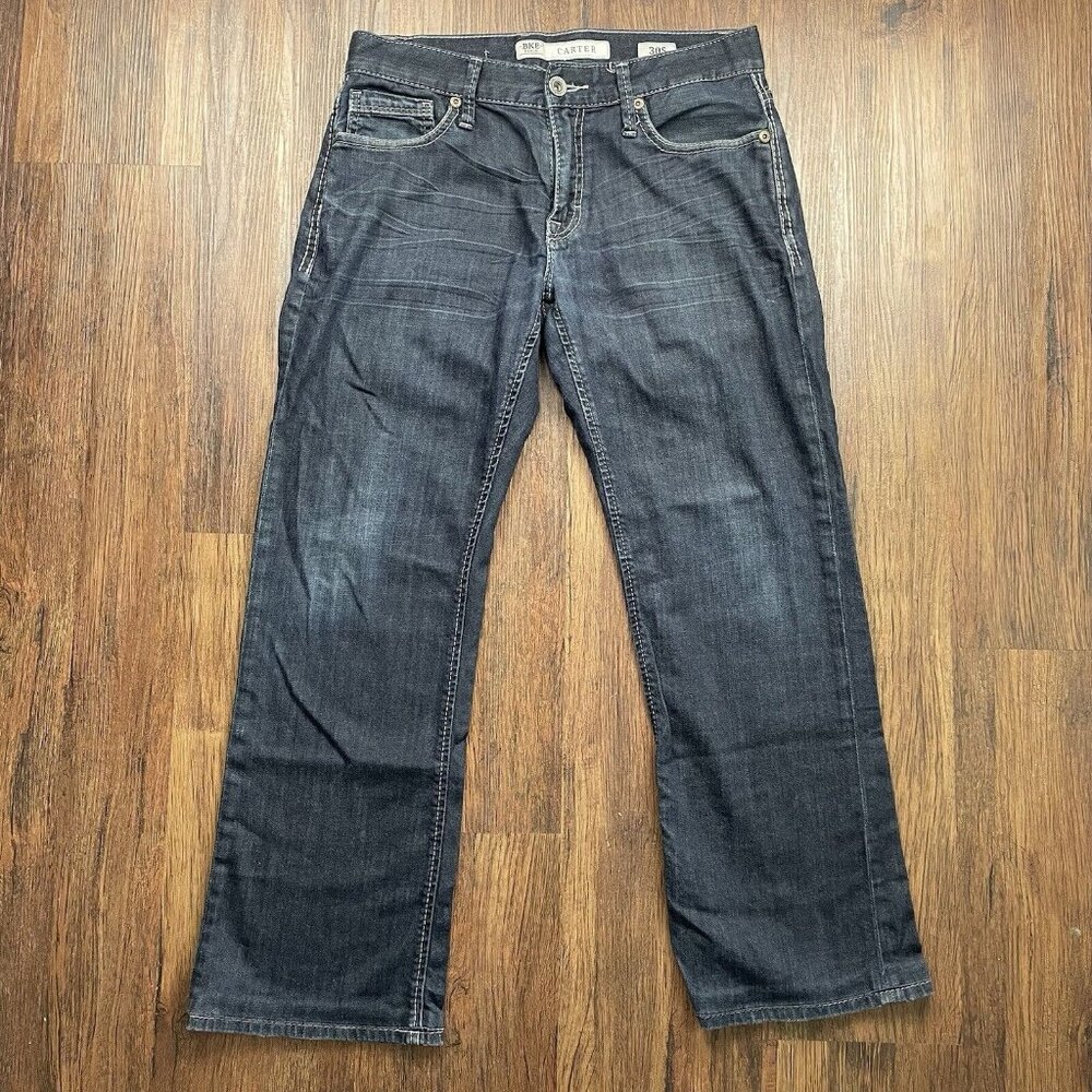 BKE Jeans Mens 30S Blue Carter Straight Western Denim Buckle Stretch Dark Wash